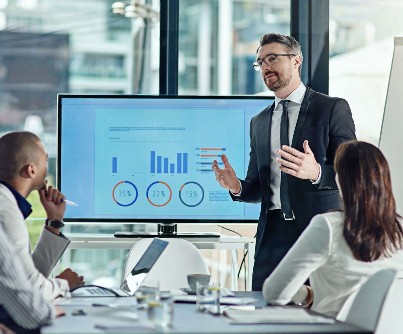 Presenter showing healthcare data to a meeting